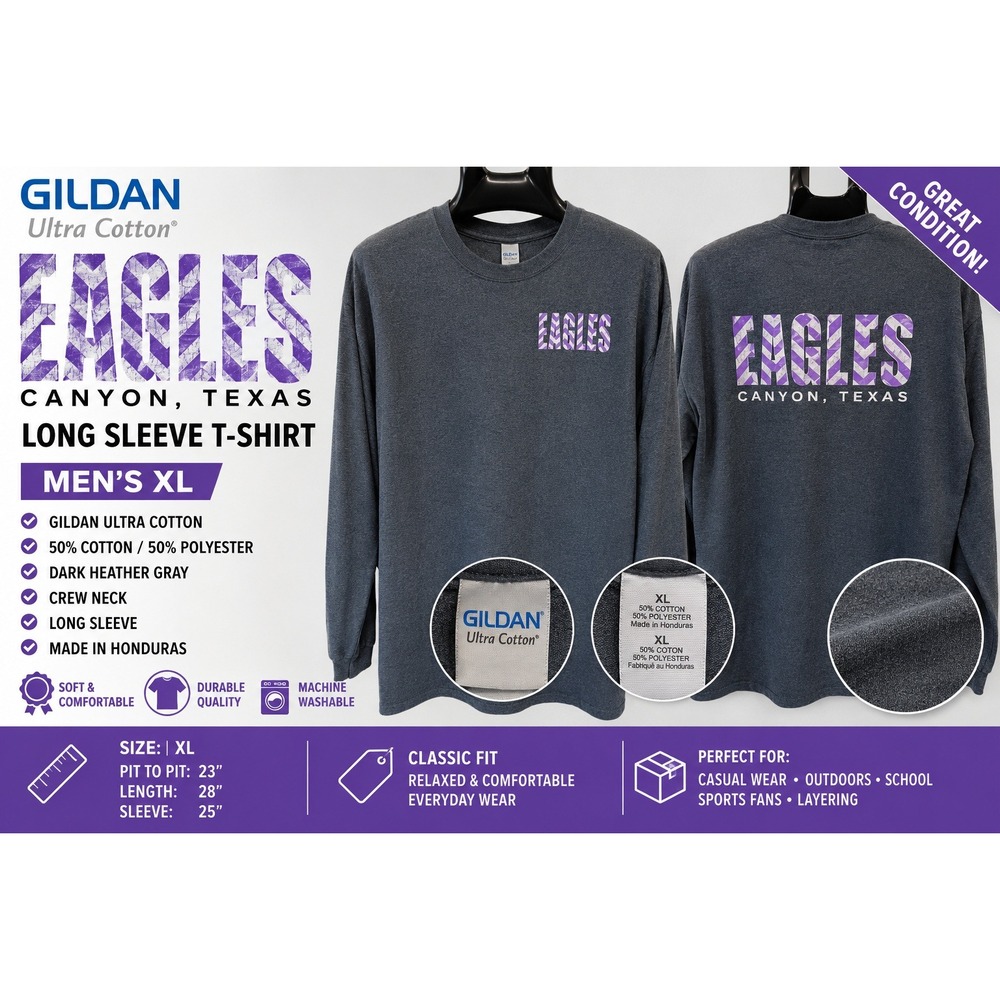 Gildan Ultra Cotton Eagles Canyon Texas Long Sleeve T-Shirt Gray Mens XL